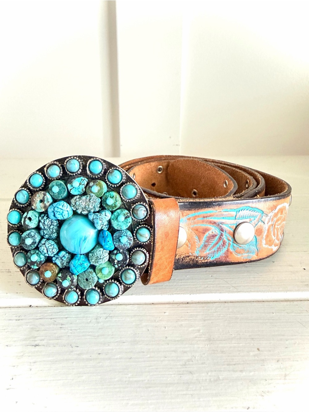 Vintage Leatherock San Diego Turquoise Mosaic Statement Belt Size XL Western